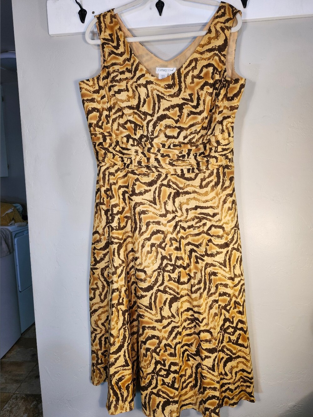 Coldwater Creek Yellow and Brown Printed Midi Dress 100% Cotton